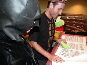 Rabbi Ben, Batman Dave, Timrek the Frog read the Meggilat Esther