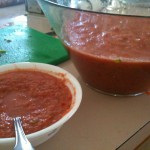 Cold soup, blended celery, tomato, pepper..