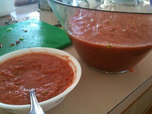 Cold soup, blended celery, tomato, pepper..